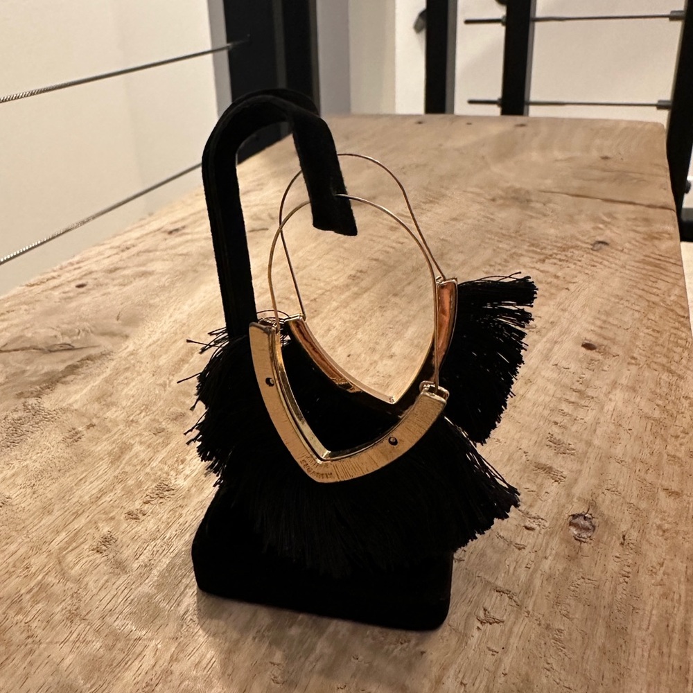 Black Tassel Gold Half Moon Hoop Earrings Boho Statement Fringe